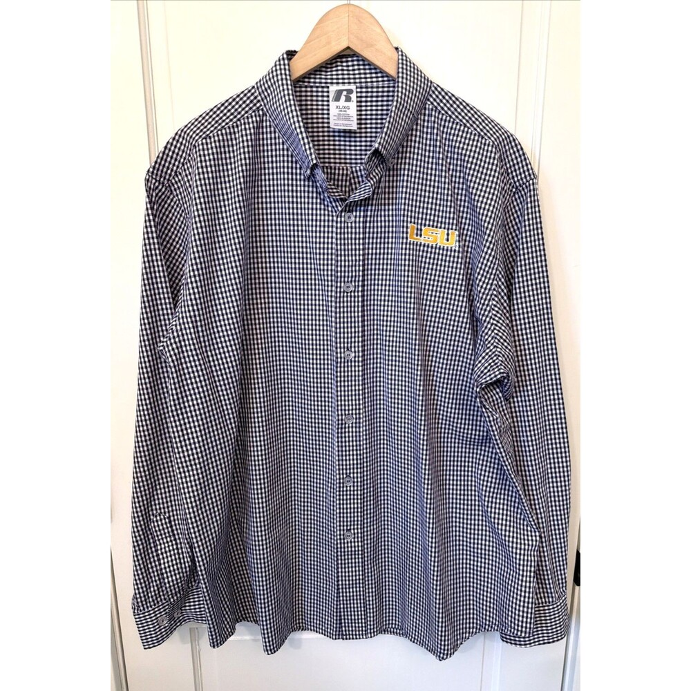 Russell LSU Tigers Mens Gingham Checked Purple Embroidered Button Up Shirt XL